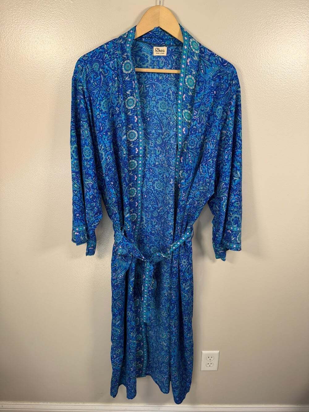 Rhea Silk Blend Kimono Robe Womens Blue Paisley Floral Duster Dressing Gown OS